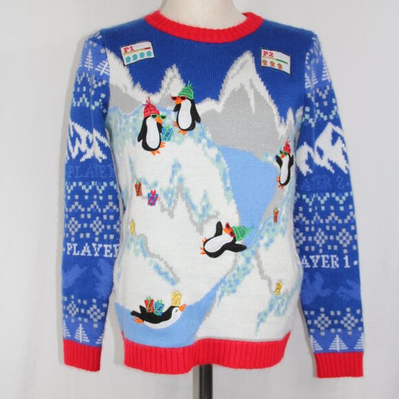 Ugly Christmas Youth Sweater Holiday Time Penguin Winter Theme Video Games 10/12 - Picture 1 of 9